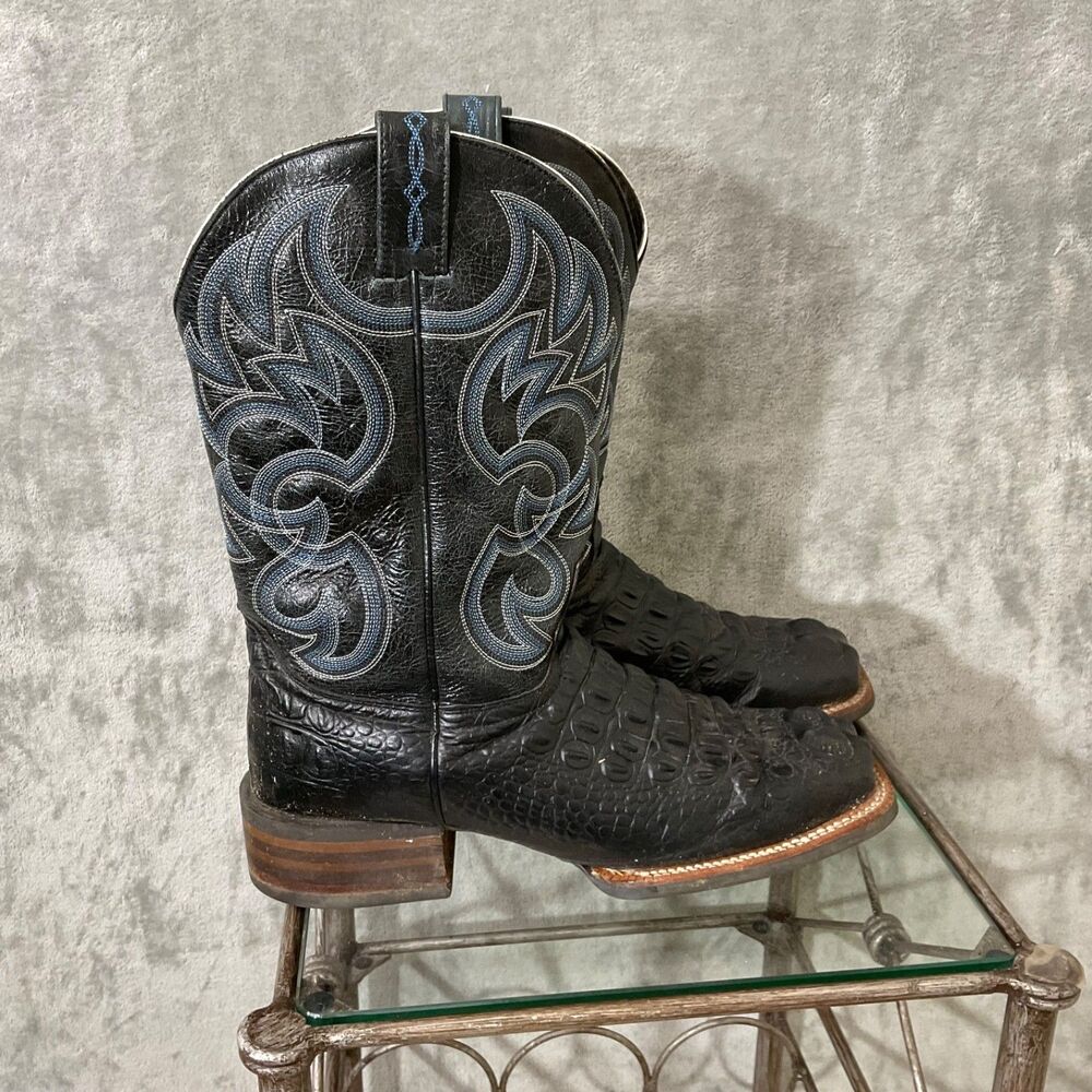 Cavender’s  leather wide Caiman print Cowboy boots Men's 10-1/2 EE Black Sq. Toe